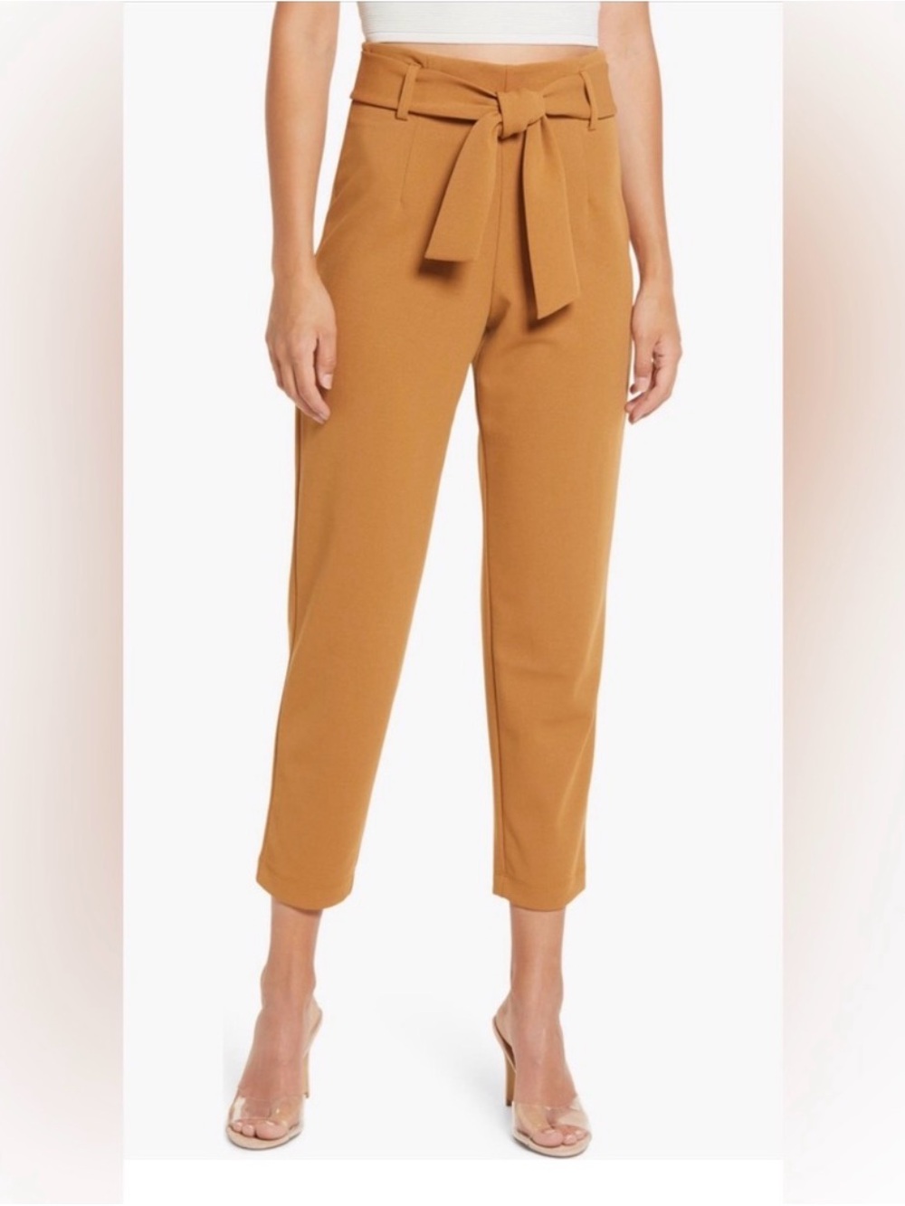 Leith High-Rise Tie-Waist Cropped Pants in Camel